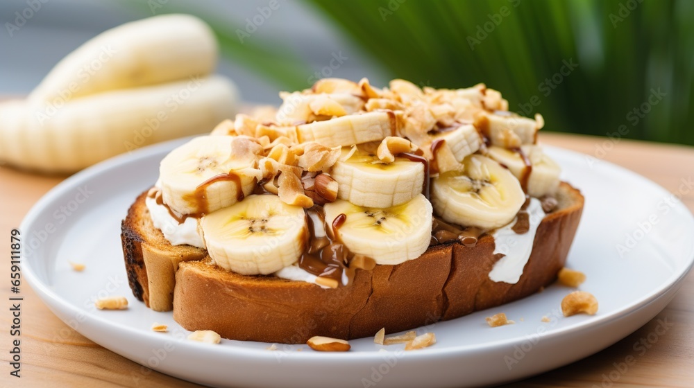  a toast with bananas and nuts on it on a plate.  generative ai