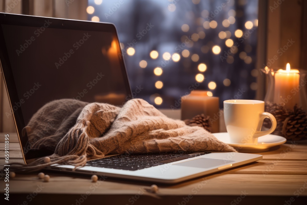 Cozy winter workspace with a hot beverage, warm blanket, and laptop on a wooden table showcasing the warmth of winter work - AI Generated