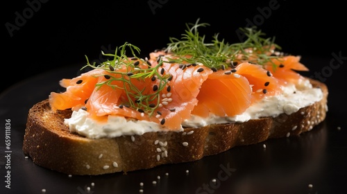  a piece of bread with cream cheese and salmon on it.  generative ai