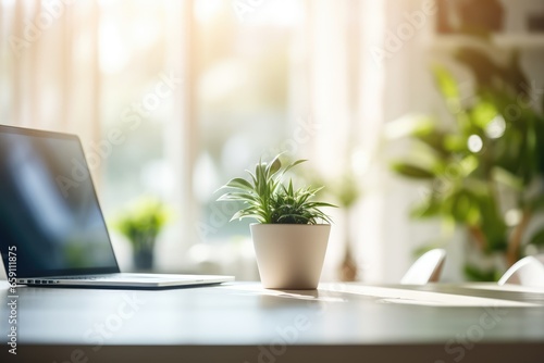 Home office setup at sunlit room with a minimalist, plants in the background capturing the peace of remote work - AI Generated