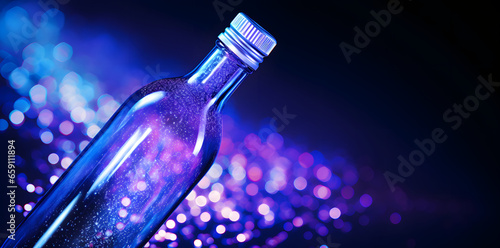 Glowing single water bottle with vibrant blue light against colorful bokeh lights, creating a festive and refreshing scene photo