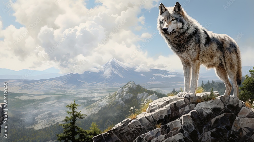 Fototapeta premium a painting of a wolf standing on top of a mountain. generative ai