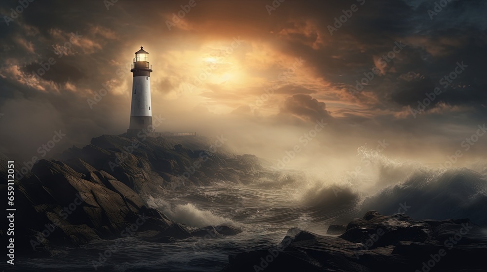  a lighthouse in the middle of the ocean with a cloudy sky.  generative ai