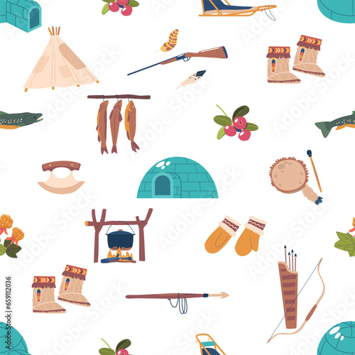Seamless Pattern Featuring Traditional Inuit Items. Igloo, Gloves, Mukluks, Ulu, And Harpoon. Sled, Tambourine