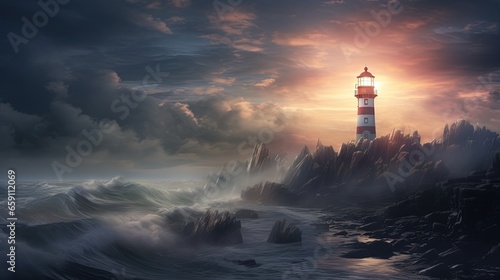  a lighthouse in the middle of the ocean with a sunset in the background.  generative ai © Olga
