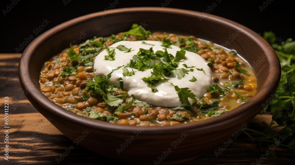  a bowl of beans and greens with sour cream on top.  generative ai