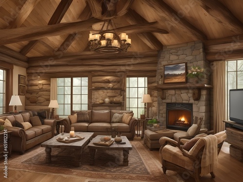 A rustic living room comes to life with the addition of a handcrafted sofa, its clay or stone base providing a sturdy foundation for this stunning piece. Decorative wooden logs add a touch of warmth 