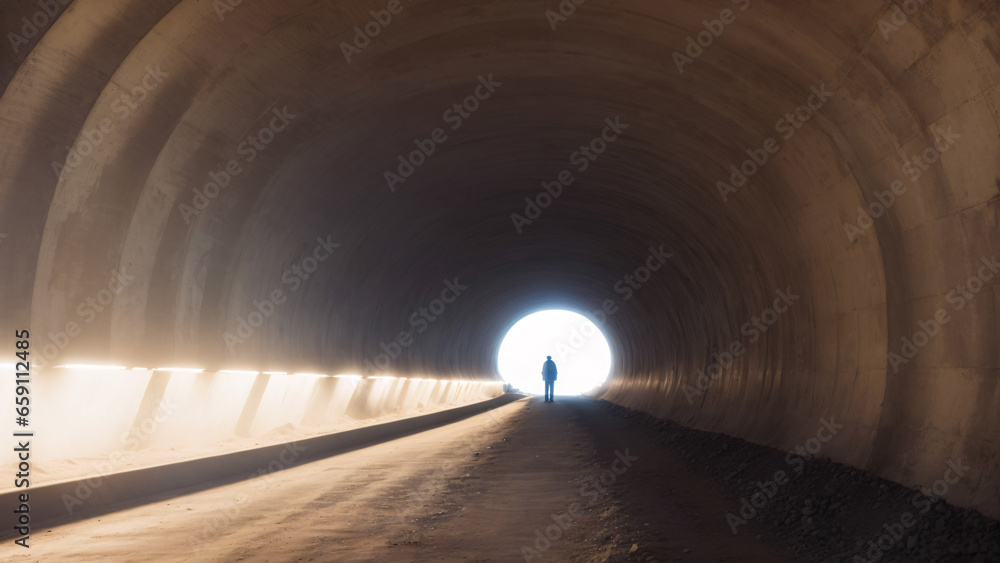 A man standing in a tunnel with a light at the end