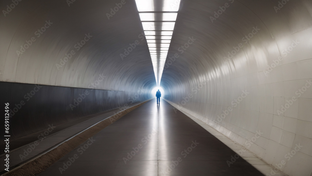 Obraz premium A man walking through a tunnel with light coming from the end