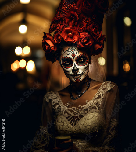 Young Mexican woman dressed for Day of the Dead (Día de los Muertos) celebrations with elaborate makeup including black and white colorful face paint, black eyes and a bouquet of flowers