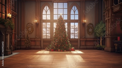 house and fir tree, elegantly decorated home porch with a Christmas wreath on the door, perfect canvas for announcing holiday events, wishes or messages.