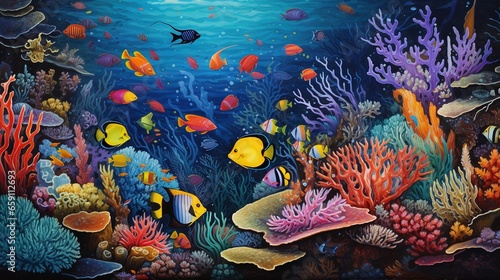  a painting of an underwater scene with fish and corals.  generative ai