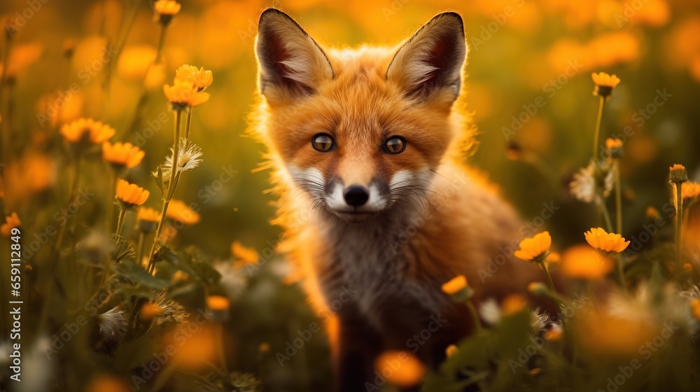 a small fox standing in a field of yellow wildflowers. generative ai a small fox standing in a field of yellow wildflowers. generative ai