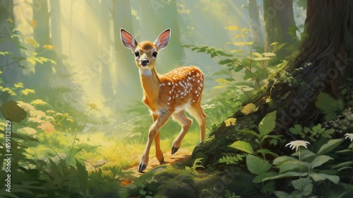  a painting of a deer in a forest looking at the camera.  generative ai