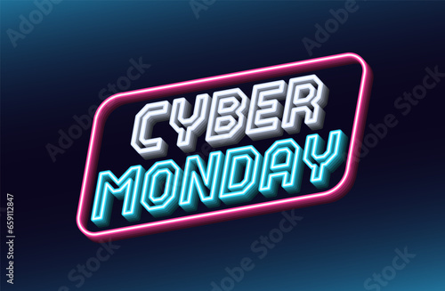 Neon design of Cyber Monday Sale banner. Outline neon italic text Cyber Monday with inclined frame. White, blue and pink. Text template for digital ad and social media banners. Vector illustration