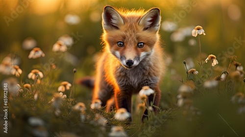  a small fox is standing in a field of wildflowers.  generative ai