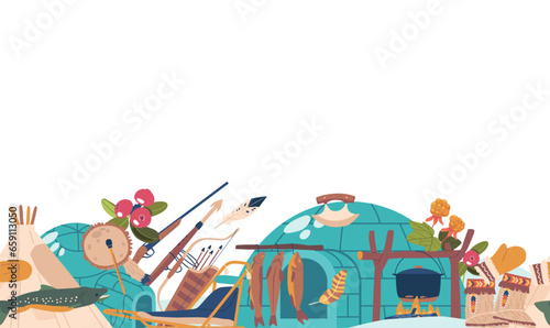 Seamless Pattern with Inuit Items. Igloo, Gloves, Mukluks, Ulu, And Harpoon. Sled, Tambourine, Cauldron And Fish photo