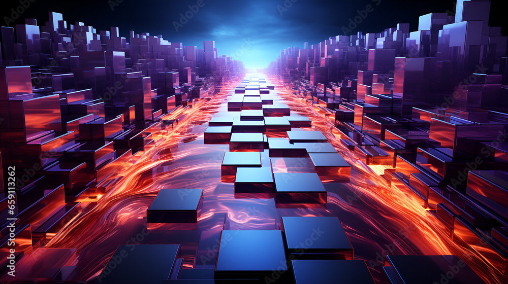 Obraz premium A road with shiny blue cubes in hot orange liquid, in the style of bold futurism