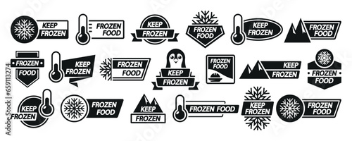 Frozen Product Monochrome Labels Set. Keep Frozen Badges For Packages. Frozen Food Logo, Stickers Or Tags With Snowflake