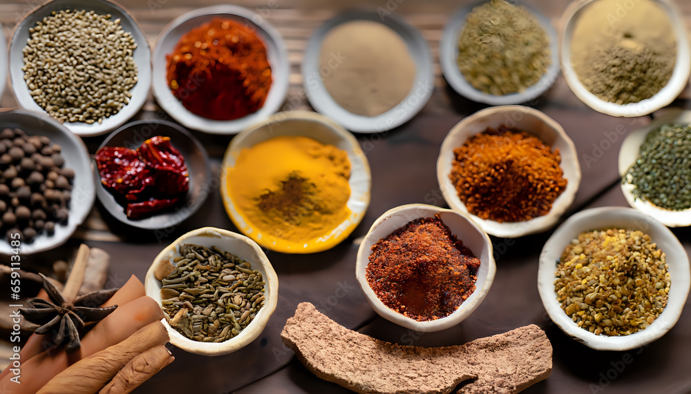 spices and herbs on white background, Sensory Delights: Colorful Spice Medley on Rustic Wood, AI Generated