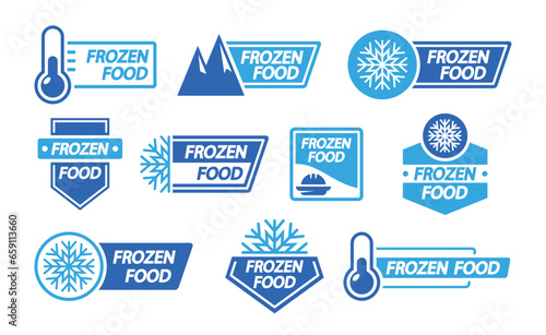 Frozen Product Label Set. Keep Frozen Badges For Packages, Logo, And Stickers Adorned With Snowflakes, Rocks