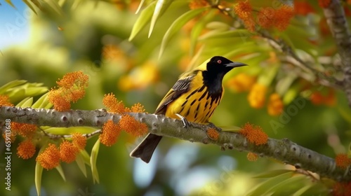 New Zealand fan tail bird in kowhai tree tail fanned.Generative AI