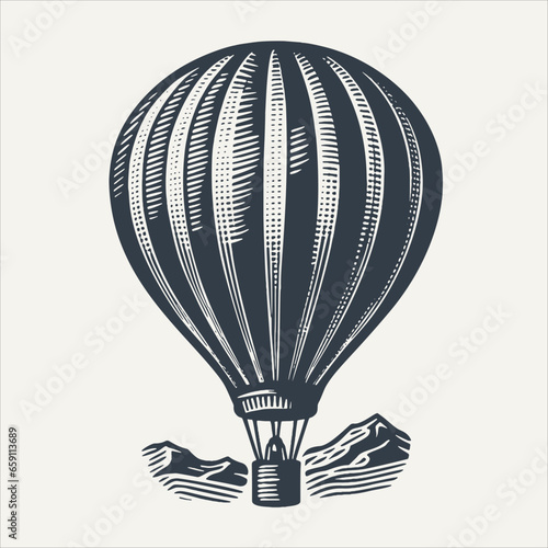 Hot air balloon. Vintage woodcut engraving style vector illustration.