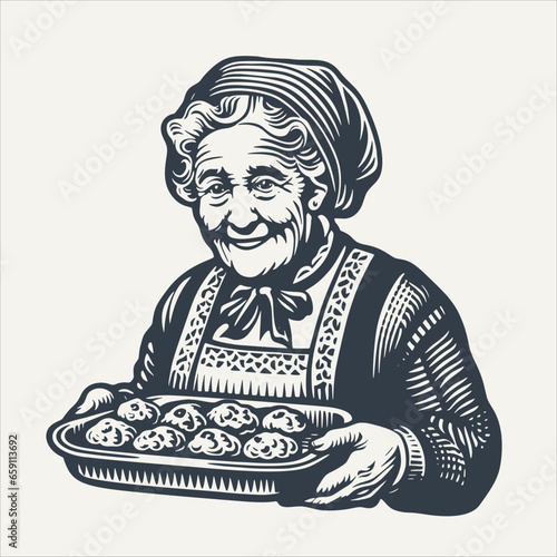 Grandma holding tray of cookies. Vintage woodcut engraving style vector illustration.