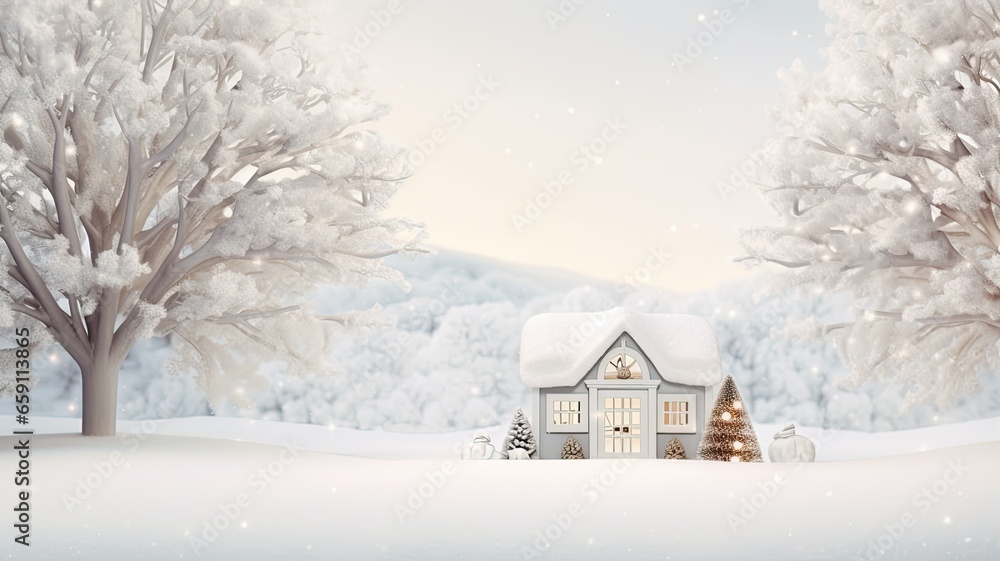 a serene scene with a Christmas decorative house placed next to a delicate fir branch on a clean white wooden background. The spacious left side is perfect for adding your personalized holiday message a serene scene with a Christmas decorative house placed next to a delicate fir branch on a clean white wooden background. The spacious left side is perfect for adding your personalized holiday message