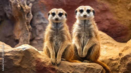 Two meerkat standing on the rock