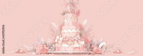 Pink anime style illustration of a beautifully decorated cake