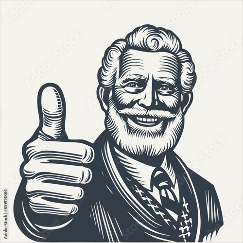 Middle aged man with suit showing thumb up. Vintage woodcut engraving style vector illustration.