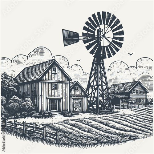 Windmill in the countryside. Vintage woodcut engraving style vector illustration.
