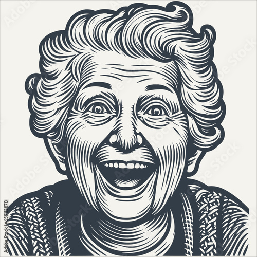 Excited emotional grandma with open mouth. Vintage woodcut engraving style vector illustration. 