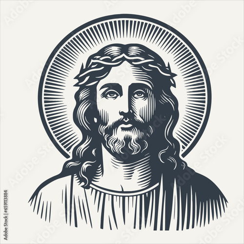 Jesus with crown of thorns and halo. Vintage woodcut engraving style vector illustration.	

