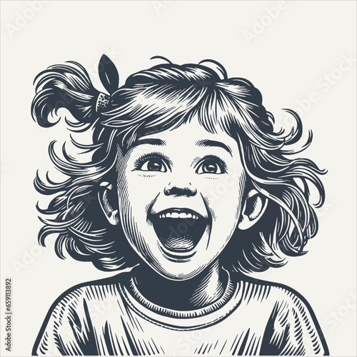 Portrait of excited young girl looking with fascination. Vintage woodcut engraving style vector illustration.