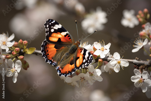 A butterfly on a branch with white flowers © Ayepeid