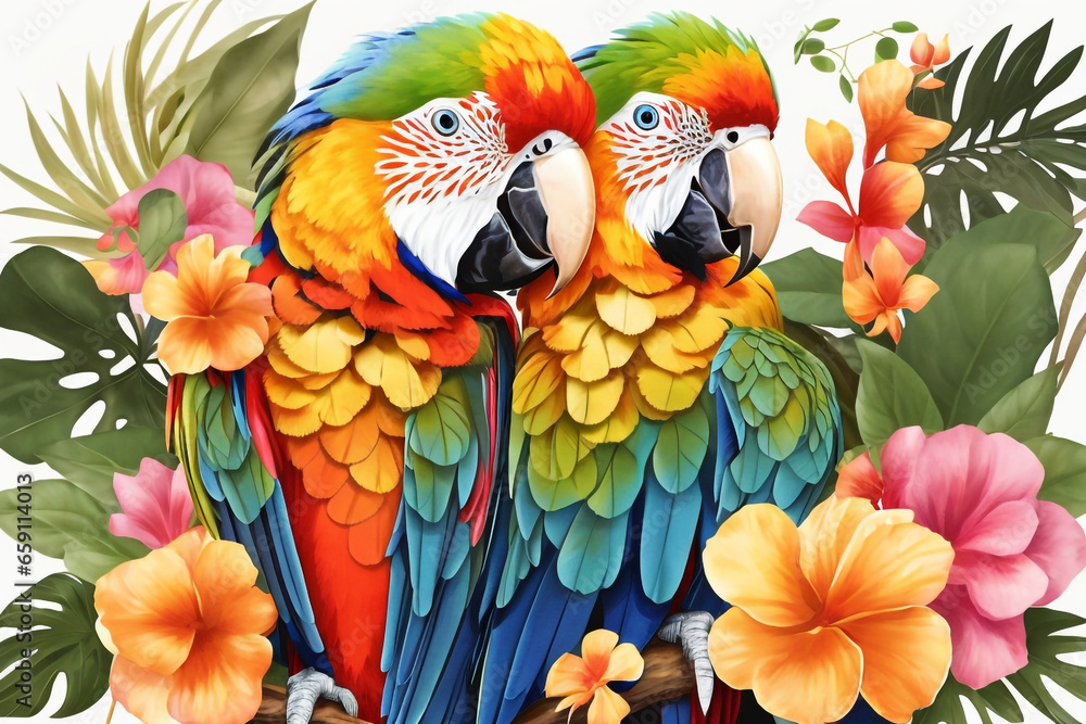 Fototapeta premium South American colorful parrot with tropical leaves 