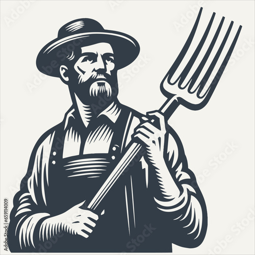 Farmer holding a pitchfork. Vintage woodcut engraving style vector illustration.