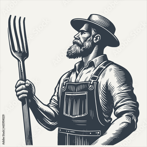 Side view of Farmer holding a pitchfork. Vintage woodcut engraving style vector illustration.