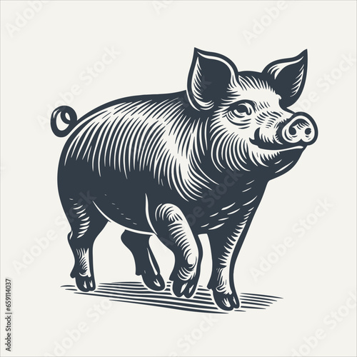 Happy Pig. Vintage woodcut engraving style vector illustration.