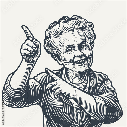 Grandma pointing with fingers at direction. Vintage woodcut engraving style vector illustration.