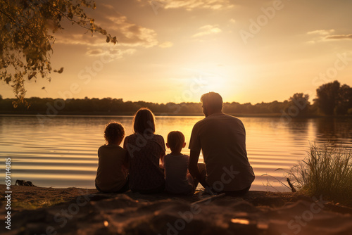 Silhouette of a family having a picnic by the lake happily photo