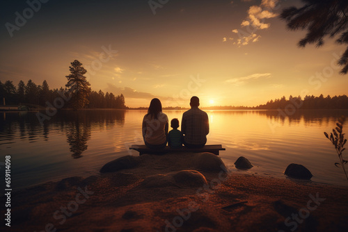Silhouette of a family having a picnic by the lake happily