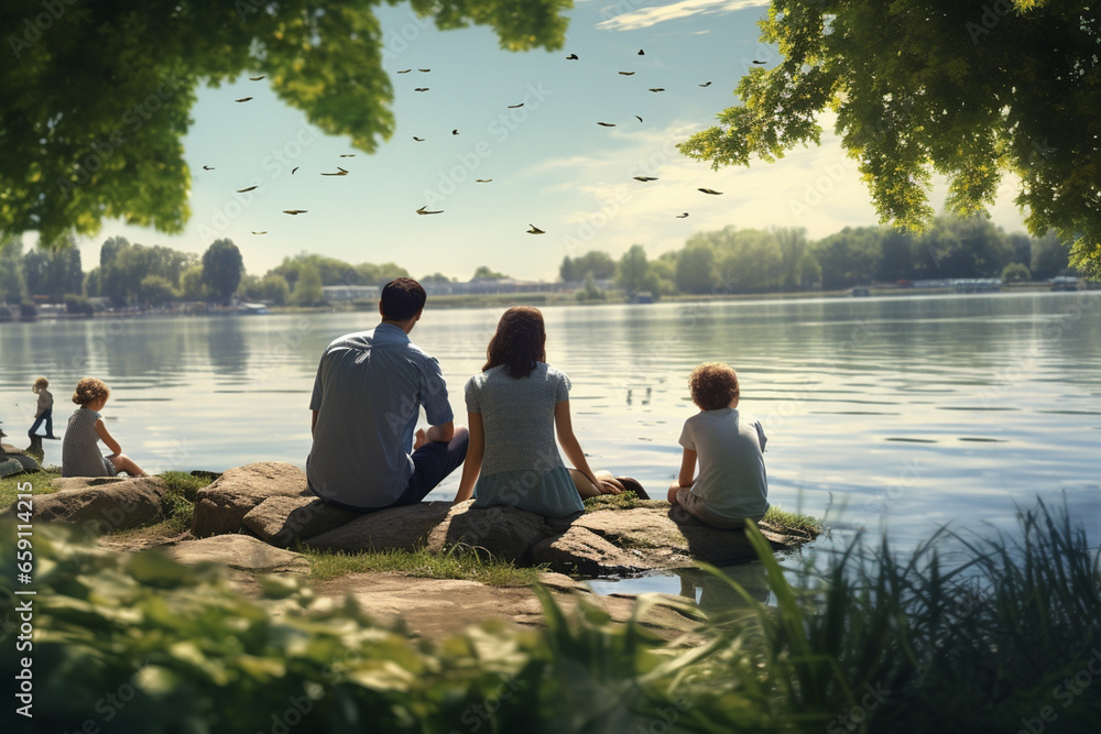 Silhouette of a family having a picnic by the lake happily Silhouette of a family having a picnic by the lake happily