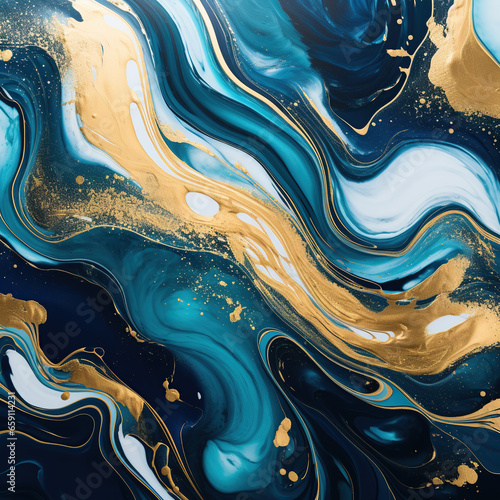 Beautiful Teal and Blue Paint Swirls with Gold Glitter. Modern Art pattern