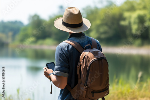 Male tourist looking at map on smartphone at lakeside © toonsteb