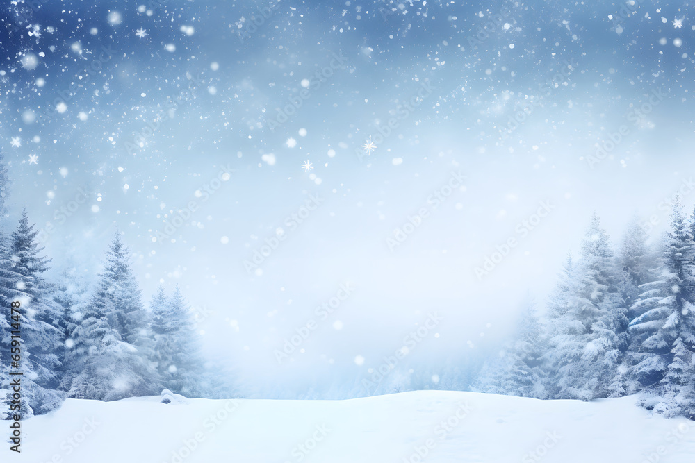 Natural Winter Christmas background with sky, heavy snowfall, snowflakes in different shapes and forms, snowdrifts. Winter landscape with falling Christmas shining beautiful snow.