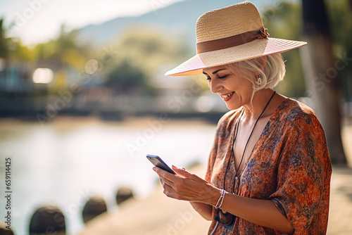 Senior female tourist looking at map on smartphone at lakeside