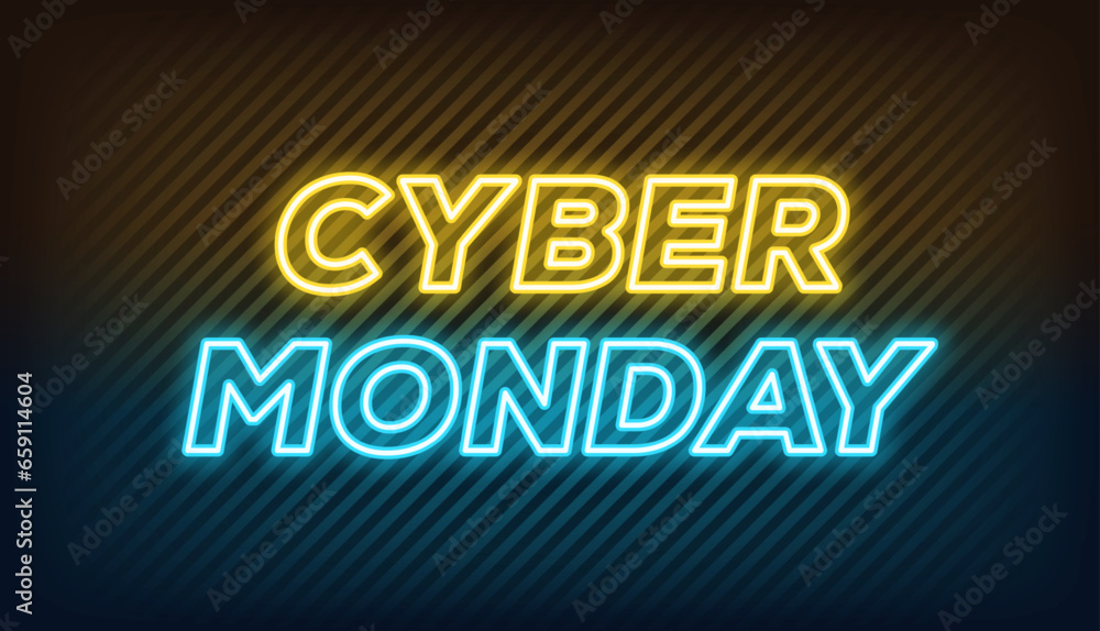 Neon Cyber Monday Sale, banner design. Outline neon italic text Cyber Monday on textured background. Yellow blue text template for animation, digital ad, social media banners. Vector illustration Neon Cyber Monday Sale, banner design. Outline neon italic text Cyber Monday on textured background. Yellow blue text template for animation, digital ad, social media banners. Vector illustration
